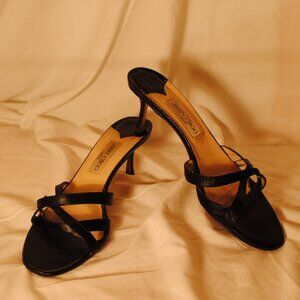 JIMMY CHOO SZ 9 1/2 WOMENS BLACK LEATHER OPEN TOE 2 1/2 IN HEEL